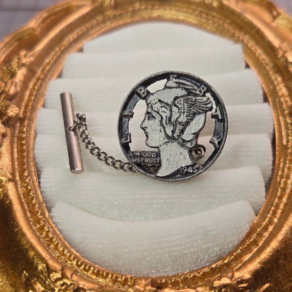 Vintage 1943 Mercury Dime Tie Tack Pin Silver Coin Men's Jewelry Chain Bar Retro